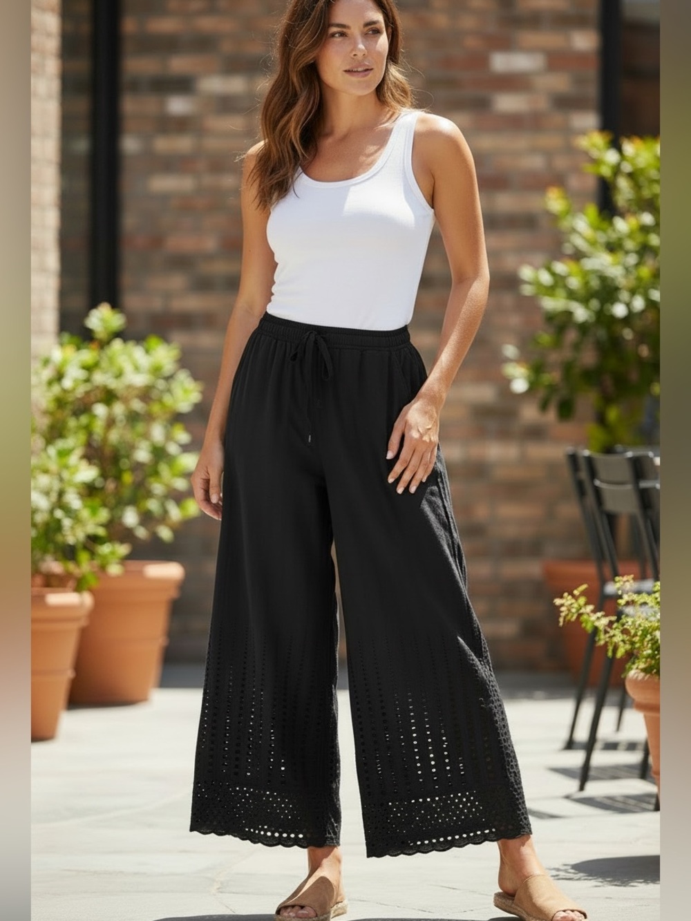 Blue Island 💯 Cotton Black Drawstring Wide-Leg Eyelet Pants/ Swim Cover